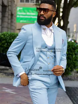 Moda Gökyüzü Mavi Erkek Takım Elbise Slim Fit Damat Düğün Smokin Tailor-Made Ropa Hombre 3 Parça Set Erkek Balo Blazer Terno Masculino