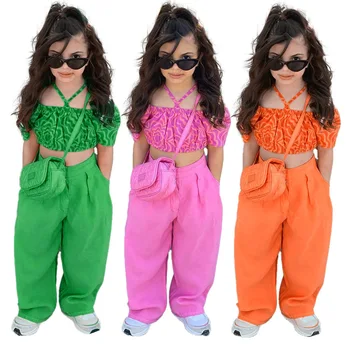 Moda çocuk Kız Giysileri İki Parçalı Yaz Kapalı Omuz Üst + Pantolon + Bebek Kız Düz Bacak Pantolon 3 4 5 6 7 8 9 Yıl