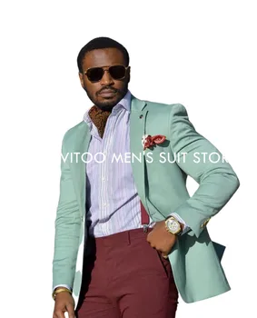 Nane Yeşil Blazer Bordo Pantolon Erkek Takım Elbise Slim Fit 2 Parça Tasarım / Düğün İş Ofis Resmi / Rahat Erkek Giyim Ceket