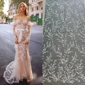 Off-Beyaz 3D Çiçekler Boncuklu Sequins İşlemeli Dantel Kumaş düğün elbisesi Parlayan Gelin Kumaş RS4835