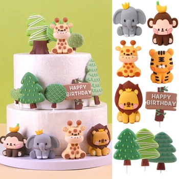 Orman Hayvan Doğum Günü Pastası Toppers Tropikal Orman Safari Aslan Fil Maymun Yumuşak Kauçuk kek Süsleme İlk Doğum Günü Partisi