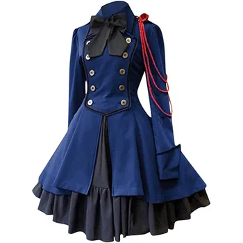 Ortaçağ Retro Gotik Siyah Dantel Up Zincir Yay Lolita Ceket Uzun Kollu Fırfır Klasik Lolita Elbise Cadılar Bayramı Cosplay Kostüm