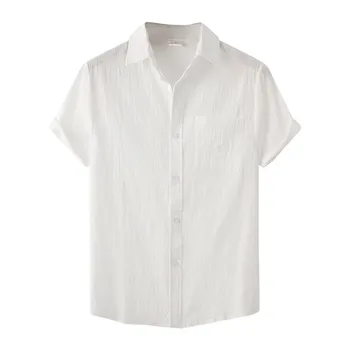Pamuk Keten Karışımlı Gömlek Erkekler için Yaka Yaka Cep Kısa Kollu Gömlek Düz Renk Düğmesi Erkek Bluz Tops