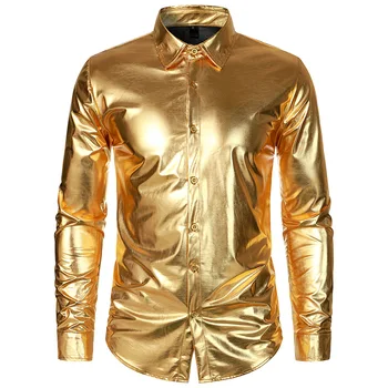 Parlak Altın Kaplı Metalik Gömlek Erkekler 2023 Marka Uzun Kollu Düğme Aşağı Elbise Gömlek Erkekler 70s Disko Dans Parti Kostüm Homme