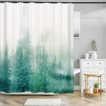 Puslu çam ormanı Baskı duş perdesi doğal Manzara banyo perdesi su geçirmez kumaş banyo perdesi için Kanca ile ev dekor