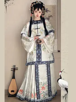 Qing Hanedanı Kostüm Saten Yuvarlak Boyun İşlemeli Hanfu Ceket At Yüz Etek Kadın Çin Tarzı Elbiseler