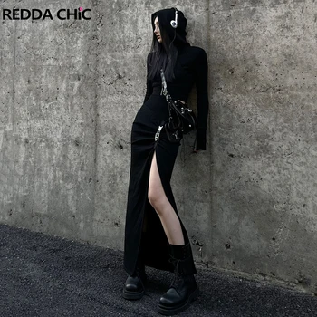 ReddaChıc Zip-up Kapşonlu Üst Etek Kadın 2 parça Set Siyah Uzun Kollu Kazak Bölünmüş Dantelli Uzun Etek Grunge Y2k Streetwear