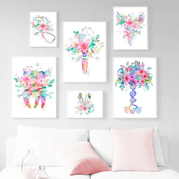 Renkli Çiçekler Diş duvar sanatı tuval yağlıboya İskandinav Posterler Ve Baskılar Anatomi Tıp Duvar Resimleri Için Oturma Odası Dekor