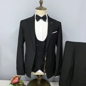 Resmi İş Katı Erkek Takım Elbise 3 Parça Moda Tepe Yaka Kıyafetler Damat Düğün Smokin Erkek Takım Elbise Slim Fit (Blazer + Yelek + Pantolon)