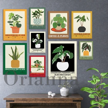 Retro Bitki Posteri, Monstera Deliciosa, Alocasia Amazonica Baskılar, Çıngıraklı Yılan Bitki, Houseplant, Duvar Sanatı Kapalı Dekor Tuval