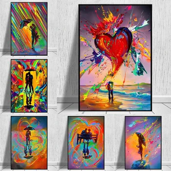 Romantik Aşk Gökkuşağı Yağmur Graffiti Çift Suluboya Aşk Pop-up Tuval sanat posterleri Yatak Odası Arka Plan Duvar Ev Dekorasyon
