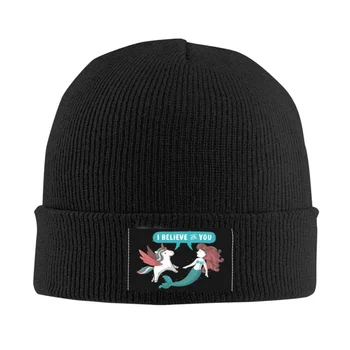 Sana İnanıyorum Skullies Beanies Caps Hip Hop Kış Sıcak Kadın Erkek Örgü şapka Unisex Yetişkin Unicorn Ve Mermaid Kaput Şapka