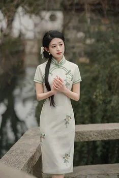 Seksi Mandarin Yaka Şifon Qipao Çin Vintage Geleneksel kadın Retro El Yapımı Düğmeler Cheongsam Abiye