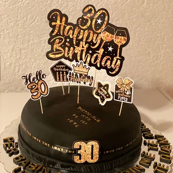 Siyah Altın 30 40 50 60 Yaşında Kek Topper Mutlu Doğum günü partisi Dekoru Yetişkin Yıldönümü 30th 40th 50th Doğum Günü Pastası Dekor