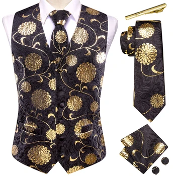 Siyah Altın erkek İpek Yelek Moda Kolsuz Jakarlı Yelek Ceket Kravat Hanky Kol Düğmeleri İş Düğün Tasarımcı Hi-Kravat