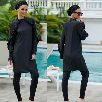 Siyah islami mayo Burkini Sutyen Dolgu ile Uzun Kollu Spor Mayo Giyim Mayo Üç Parçalı Mayo
