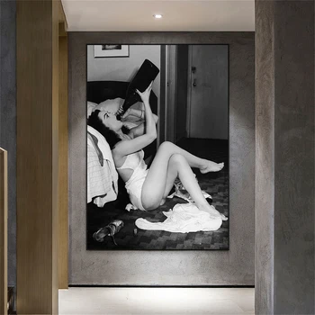 Siyah ve Beyaz Poster Kadın Içme Şampanya Baskı Vintage Içme Tuval Boyama Yatak Odası Duvar Resmi Bar Duvar Dekorasyonu