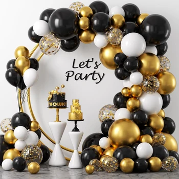 Siyah ve altın balon çelenk kemer seti, metal altın renkli kağıt artıkları mezuniyet için uygun, doğum günü, düğün dekorasyon