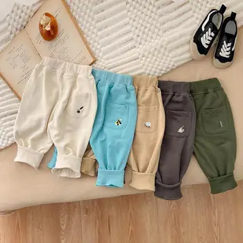 Sonbahar Kış Çocuk Nakış Moda Sweatpants Kız Bebek Pamuk rahat pantolon Erkek Bebek Katı Kalın Pantolon Çocuk Kıyafetleri