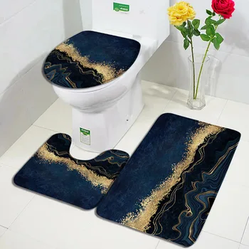 Soyut Mermer Banyo mat seti Altın Hatları Mavi Desen Modern Yaratıcı Geometrik Ev Banyo Dekor kaymaz Halı Tuvalet kapak