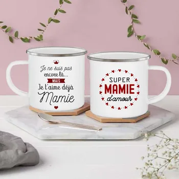 Süper Mamie Seni Seviyorum Baskılı Emaye Kupa İçecek Süt Kahve Fincanları Gebelik Duyuru Kupalar Büyükanne için En İyi Fikir Hediyeler