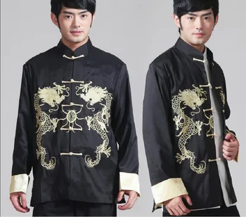 Sıcak Satış Çin Geleneksel erkek Saten İşlemeli Altın Ejderha Ceket Uzun Kollu Tang Takım Elbise Kung Fu Ceket Rahat Üst Ceketler