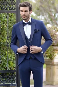 Tasarımcı Kraliyet Mavi Erkek Takım Elbise Bir Düğme Groomsmen Düğün Smokin Doruğa Yaka Takım Elbise Ceket Pantolon Yelek Ucuz Balo Blazers