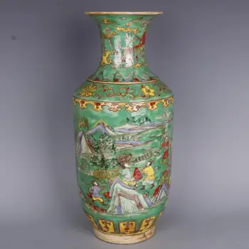Teal Çin Porselen Vazo Qing Kangxi Seramik Vazo Çok Renkli Şekil Pepole Desen Şişe Vazo Çiçek Antika Koleksiyonu