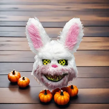 Tek Parça Kanlı Tavşan Peluş Maske Cosplay Bunny Yüz Şapka Cadılar Bayramı Kostüm Partisi Dekorasyon Sahne