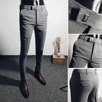 Trendy Erkekler Resmi Pantolon Düz Streetwear Cilt-dokunmatik Sıkı Orta Bel kalem pantolon