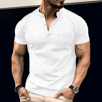 Y2K Yaz Yeni Trendyol erkek Henry Gömlek kısa kollu tişört Düğme Standı Yaka Büyük Boy Tişörtleri Beyaz Erkekler Tops Camiseta