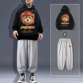 Yalnızlık Ayı Hip Hop Baskılı Erkek Kazak + Sweatpant Bahar Hoodies 2 Parça Gevşek Boy Spor Takım Elbise Streetwear
