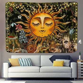 Yanan Güneş Goblen Vintage Çiçekli Goblen Bitkiler Yapraklar Halılar Mistik Hippi Salyangoz Kafatası Duvar Asılı Yurt Odası Dekor