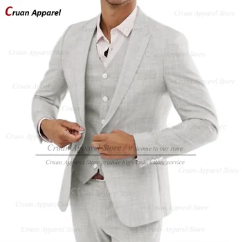 Yeni Erkek Rahat Keten Takım Elbise Düğün Damatlar Özel Moda İki düğmeli blazer Yelek Pantolon 3 Adet Günlük Moda Plaj Kıyafetleri