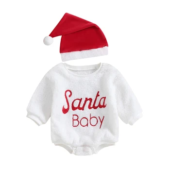 Yenidoğan Bebek Kız Erkek Noel Romper Kazak Santa Bodysuit Şapka Bebek Noel Giysileri Kıyafetler