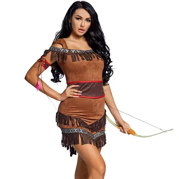 Yetişkin Kadın Retro Hint Ulusal Aborijin Savage Hunter Püskül Elbise Cadılar Bayramı Cosplay Kostümleri Kıyafet