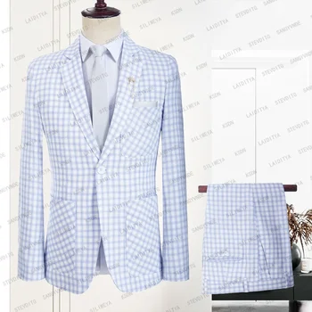 Zarif Çentik Yaka Erkek Takım Elbise Moda Ekose 2 Parça Set Akıllı Rahat Düğün Damat Smokin Lüks Erkek Takım Elbise Kostüm Homme 2024
