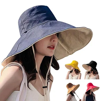 Çift Taraflı Kadın Geniş Ağız UV Koruma güneş şapkası Geri Dönüşümlü Pamuk Açık Kova Şapka çene kayışı Çıkarılabilir