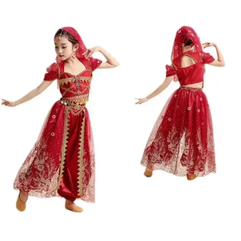 Çocuklar Hindistan Prenses Oryantal Dans Seti Oryantal Hint Dans Sari Kız Performans Kostüm Bollywood Çocuk Sahne Kıyafeti