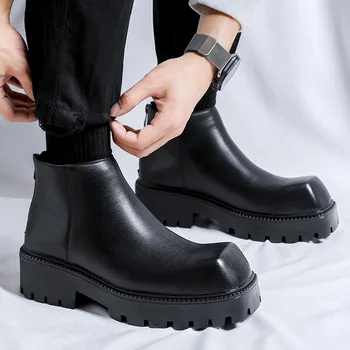 İngiltere stil erkek moda chelsea çizmeler siyah gelgit platform ayakkabılar kare ayak orijinal deri çizme bahar sonbahar bileği botas
