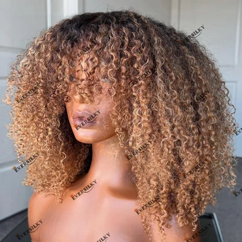 İnsan Saçı Bal Sarışın Kinky Kıvırcık Kahverengi Kök Ombre Dantel ön peruk Siyah Kadınlar için 200 Yoğunluk Remy Hint Saç 360 Dantel Peruk