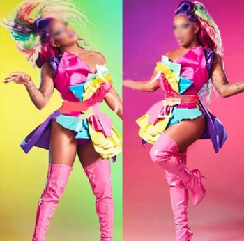 Şeker Renk Kadın Şarkıcı Bodysuit Gece Kulübü Gogo Dans Kıyafeti Sahne Kostüm Caz Dans Elbise Parti Akşam Elbise