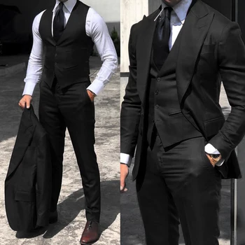 Şık Erkek Takım Elbise Düğün Takımları Slim Fit Damat Erkekler 3 Adet Groomsmen Takım Elbise Erkek Ucuz Resmi İş (Ceket + Yelek + Pantolon)